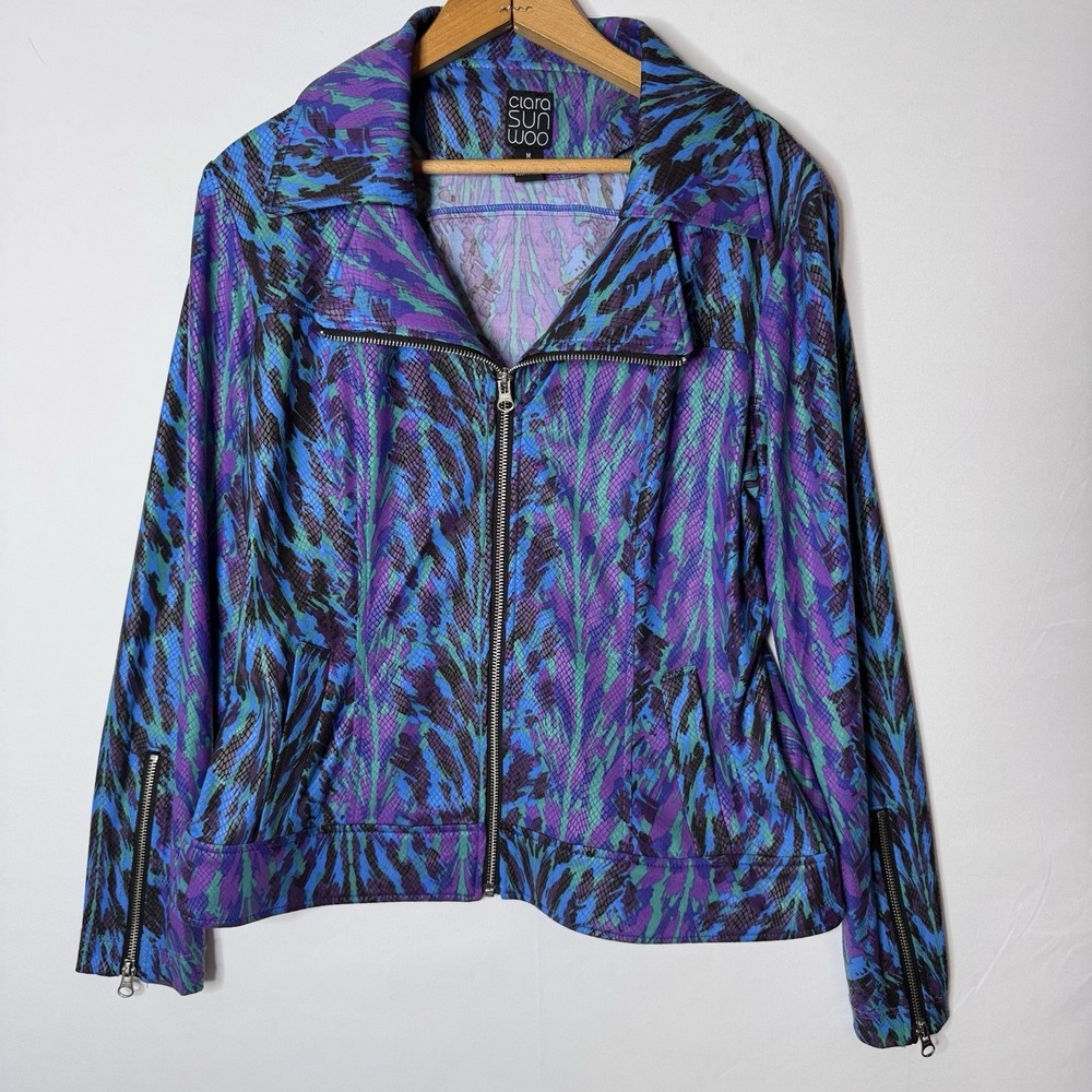 Clara Sun Woo Liquid Leather Jacket Sz M Purple Blue Faux Reptile Stretch Career